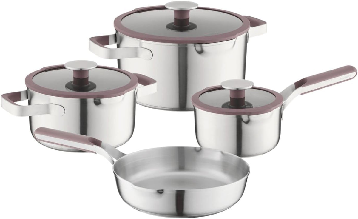 Berghoff batterie de cuisine, Argent/Violet, Home INOX 7 pièces, casseroles & poêle avec Couvercle, Tous Feux Dont Induction