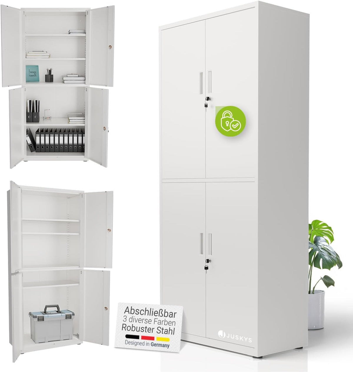 Juskys armoire, 180x80x40 cm, Blanc, de Bureau en métal, verrouillable en Acier avec 2 Portes, 3 étagères réglables & Pieds Ajustables