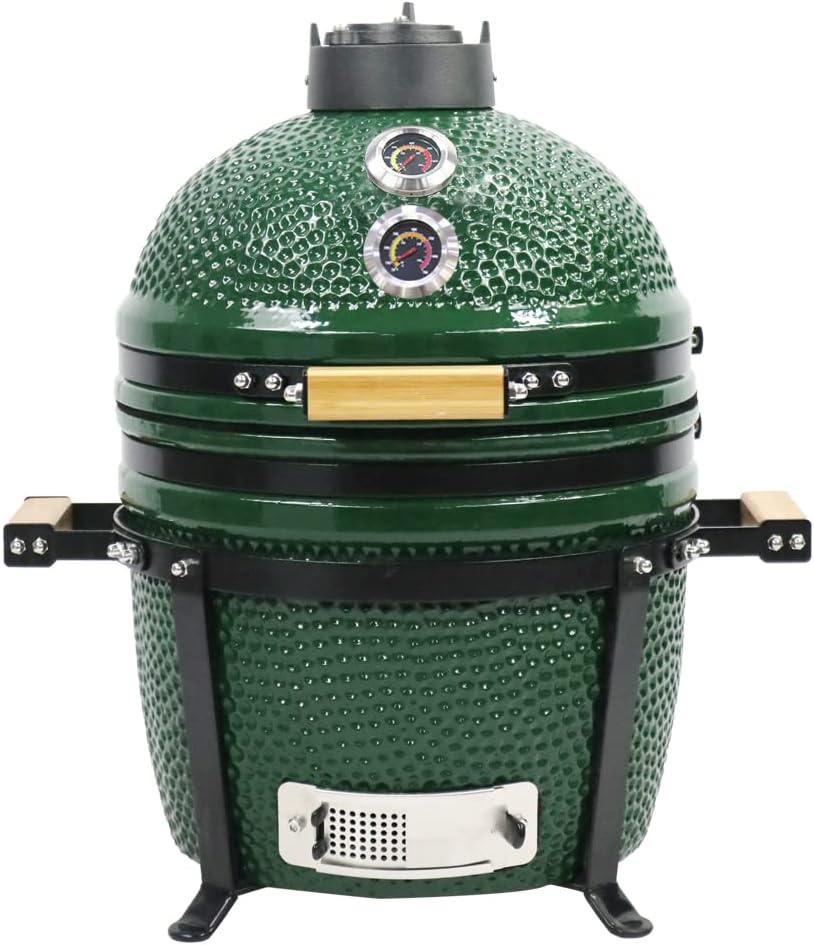 YNNI KAMADO fumoir, 40 cm, Vert/Noir/Bois, TQ0015GR Kamado Gril sur pied, barbecue, céramique, TQ0015GR