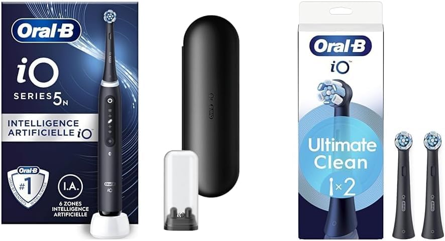 Oral-B Rotatives, Noir, Pack Brosse A Dents Electrique iO5, Brossettes Ultimate Clean, ORIGINALES, 2 Têtes De Recharge