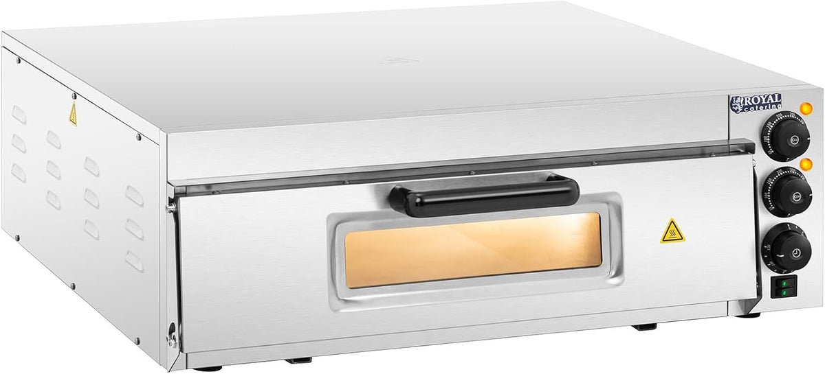Royal Catering four à pizza, 230v, 60 cm, Argent, Max. 350 °C, Pizzas Ø, Porte Vitrée, Boitier Inox, Minuterie 0-120 min)