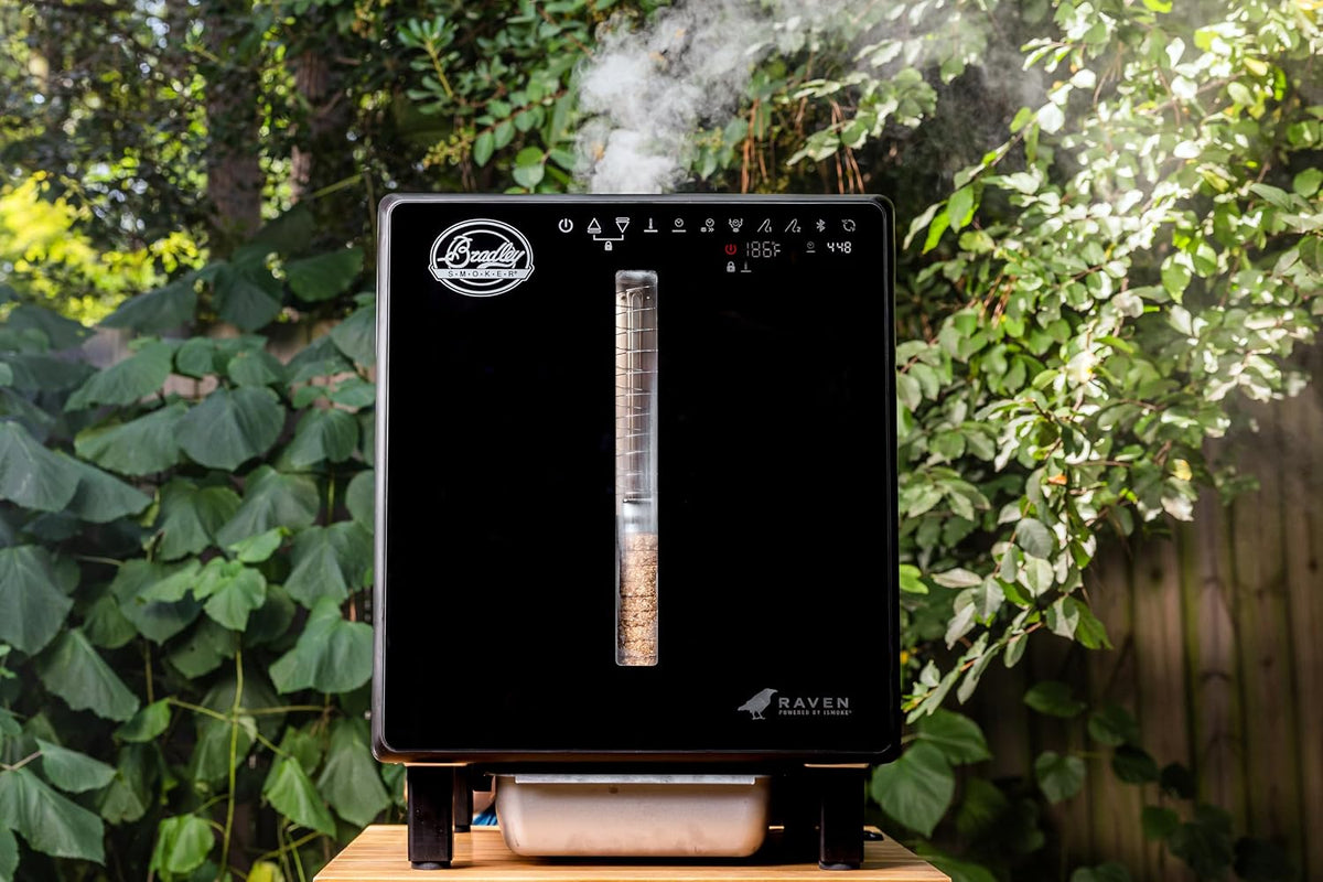 Bradley Smoker fumoir, 1000 W, Noir, Bradley Raven Intelligent, Contrôle Bluetooth, Élément Chauffant, Écran Tactile en Verre