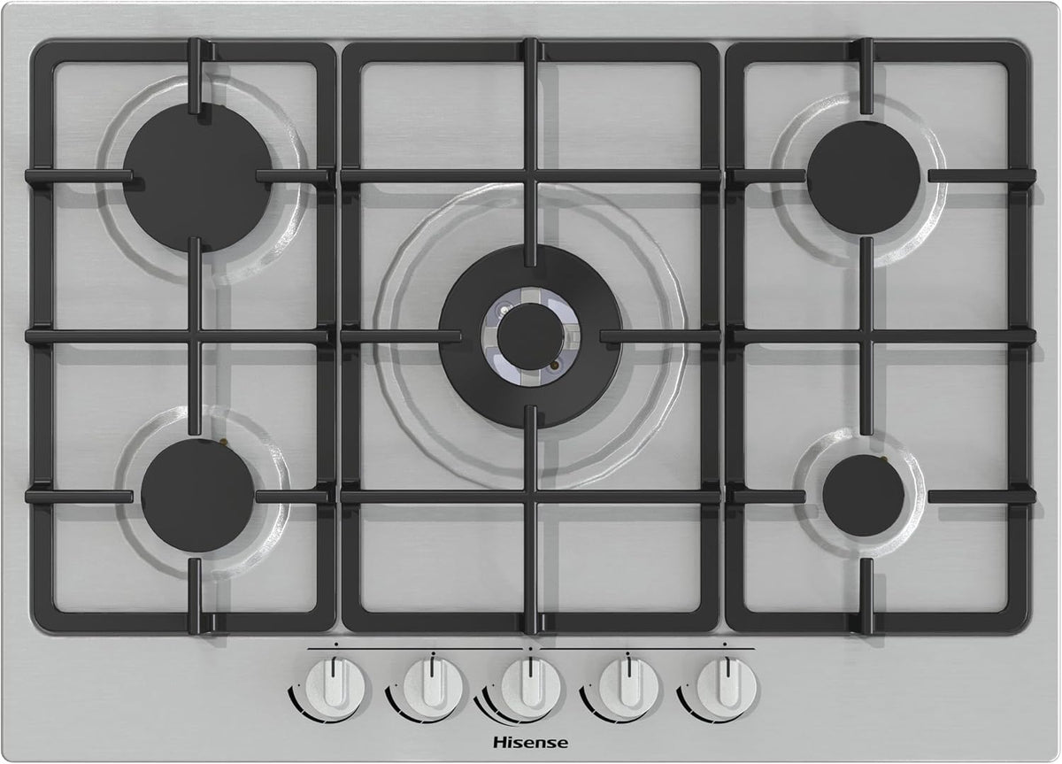 table de cuisson Hisense, 70 cm, Argent/Noir, GM773XF Plaque de cuisson à gaz, 5 zones de cuisson, brûleur wok double couronne et grilles en fonte