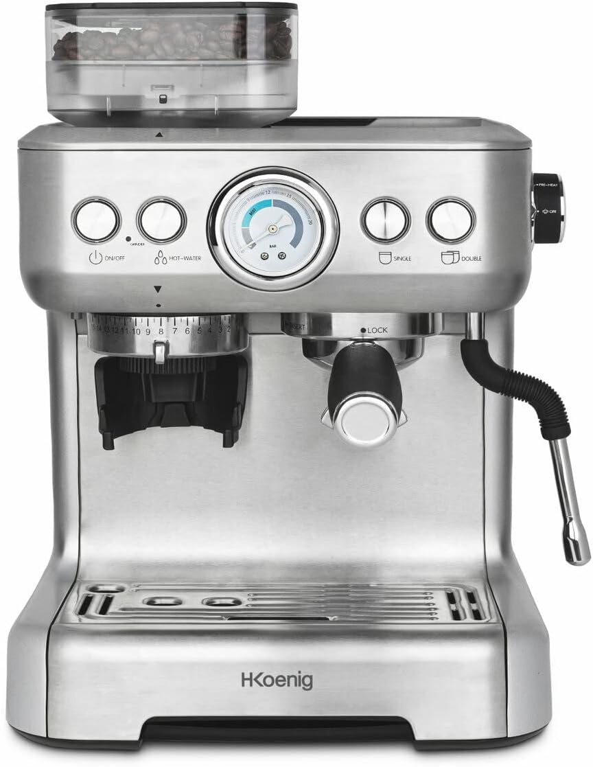 H.Koenig broyeur, 2,7 L, 250 g, Noir, Machine à expresso avec EXPRO980, réservoir grains, 15 tailles de mouture